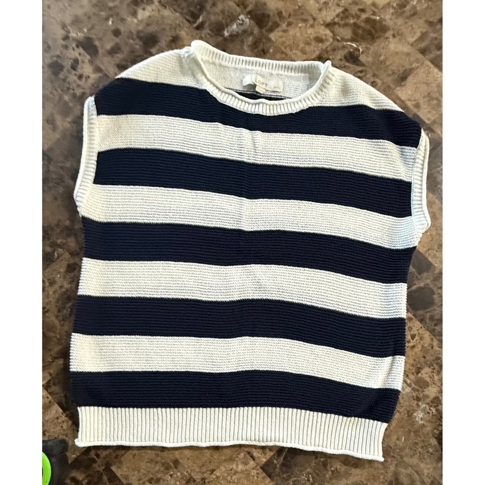 LOFT Petites Navy Blue White Striped Sleeveless Sweater Vest Size LP